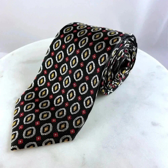 Jos. A. Bank Mens Tie 100% Woven Silk Necktie Long, Black & Red & White Abstract - Picture 1 of 9